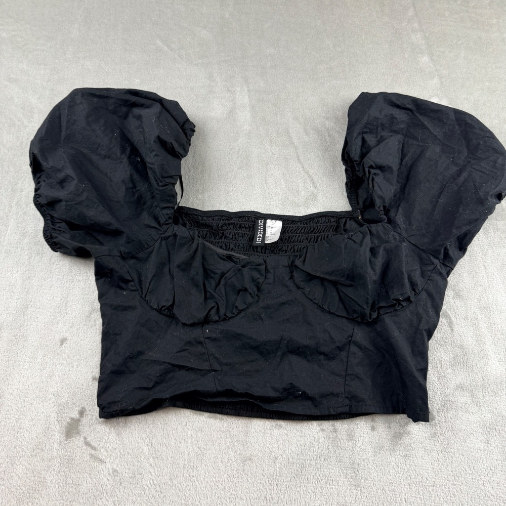H&M‎ Divided Black Puff Sleeve Smocked Crop Top Women's Medium